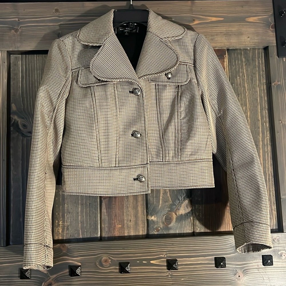 Max Studio houndstooth cropped military bomber jacket